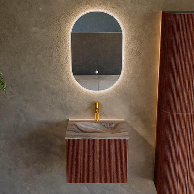 MONDIAZ KURVE-DLUX Meuble de salle de bains 50 cm couleur Ruby avec 1 tiroir et 0 porte. Lavabo GRUNNE Milieu 1 trou de robinet Sombra.