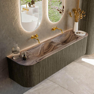 MONDIAZ KURVE-DLUX Meuble de salle de bains 170cm arrondi Gauche + Droite couleur Shadow avec 1 tiroir et 2 portes. Lavabo LEAF Double sans trou de robinet Sombra.