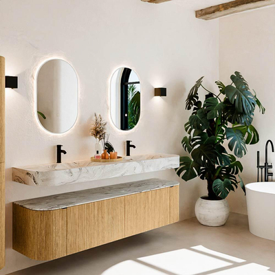 MONDIAZ THOR-DLUX 180cm meuble de salle de bains arrondi gauche + droite couleur Oak avec 2 tiroirs et 2 portes. Vasque suspendue CLOUD Double 2 trous de robinet couleur Glace.