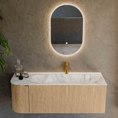 MONDIAZ KURVE-DLUX Meuble de salle de bains 125 cm avec module 25 L couleur Chêne avec 1 tiroir et 1 porte. Lavabo BIG MEDIUM à droite 1 trou de robinet couleur Glace.