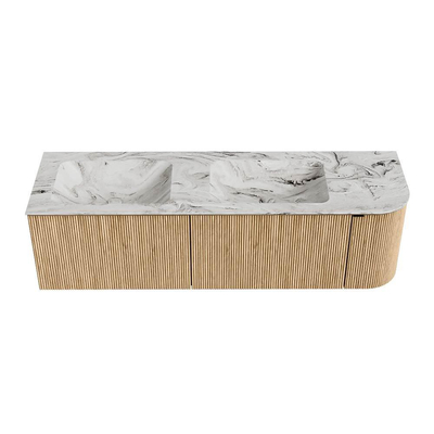 MONDIAZ KURVE-DLUX 155cm badmeubel met module 25 R kleur Oak met 2 lades en 1 deur. Wastafel LEAF dubbel / links 2 kraangaten kleur Glace.