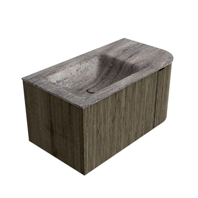 MONDIAZ KURVE-DLUX Meuble de salle de bains 85cm arrondi à droite couleur Shadow avec 1 tiroir et 1 porte. Lavabo CLOUD à gauche 1 trou de robinet Oza.