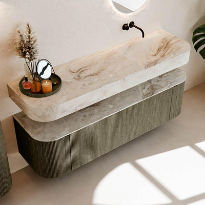 MONDIAZ THOR-DLUX 160cm meuble de salle de bains arrondi gauche + droite couleur Shadow avec 1 tiroir et 2 portes. Vasque suspendue CLOUD Droite sans trou de robinet couleur Frappe.