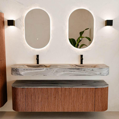 MONDIAZ THOR-DLUX 160cm meuble de salle de bains arrondi gauche + droite couleur Ruby avec 1 tiroir et 2 portes. Vasque suspendue CLOUD Double 2 trous de robinet couleur Sombra.