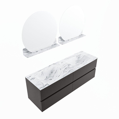 Mondiaz VICA-DLUX ensemble de meuble de salle de bain - 150cm - meuble sous-vasque gris foncé - 4 tiroirs - lavabo encastré cloud double - 2 trous de robinet - version haute de 60cm - glace