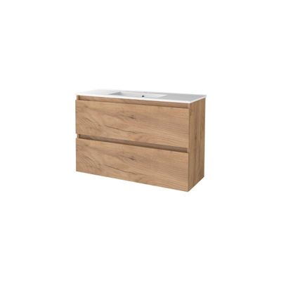 Basic-Line Start 39 ensemble de meubles de salle de bain 100x39cm sans poignée 2 tiroirs lavabo en porcelaine 1 trou pour robinet mfc whisky oak