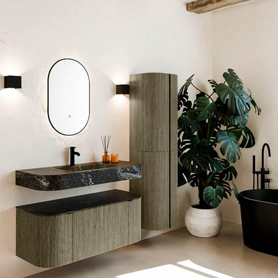 MONDIAZ THOR-DLUX Meuble de salle de bains 110cm arrondi gauche + droite couleur Shadow avec 1 tiroir et 2 portes. Vasque suspendue CLOUD Milieu 1 trou de robinet couleur Lava.