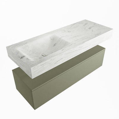 Mondiaz ALAN-DLUX Ensemble de meuble - 120cm - meuble Army mat - 1 tiroir - Lavabo Cloud Opalo suspendu - vasque Gauche - 0 trous de robinet