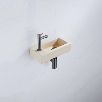 QeramiQ Fuente pack lave-mains – 37,5 x 18,5 x 9 cm – céramique beige – perçage à gauche – robinet gunmetal brossé