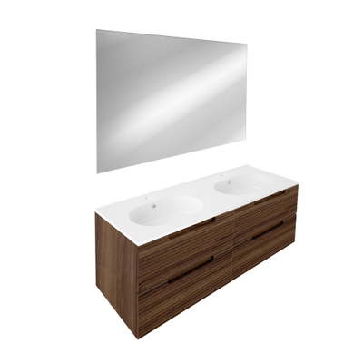 Saniclass Prime Balance Meuble de salle de bain - 120x55x45cm - 2 vasques ovales en céramique blanc - 2 trous de robinet - 4 tiroirs - miroir rectangulaire - noyer