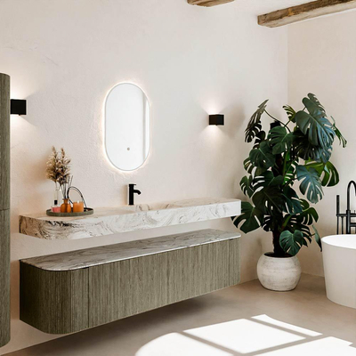 MONDIAZ THOR-DLUX 190cm meuble de salle de bains arrondi gauche + droite couleur Shadow avec 2 tiroirs et 2 portes. Vasque suspendue CLOUD Milieu 1 trou de robinet couleur Glace.