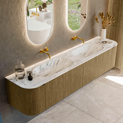 Mondiaz KURVE-DLUX Badkamermeubelset - 200x46x40cm - 2 lade - 2 deuren - wastafel solid surface - dubbel - zonder kraangat - Dusk