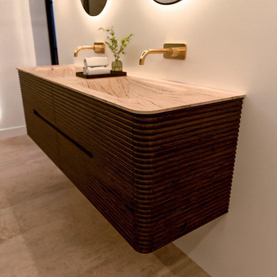 Mondiaz CIRO-DLUX Meuble de salle de bains set - 160x45x50cm - Plan vasque solid surface Arena - 2 vasques double - sans trous de robinet - 4 tiroirs - Noyer