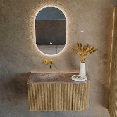 MONDIAZ KURVE-DLUX Meuble de salle de bains 85cm arrondi Droite couleur Dusk avec 1 tiroir et 1 porte. Lavabo CLOUD Gauche sans trou de robinet Oza.