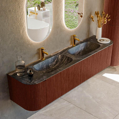 Mondiaz KURVE-DLUX Badkamermeubelset - 190x46x40cm - 2 lade - 2 deuren - wastafel solid surface - dubbel - 2 kraangaten - Ruby
