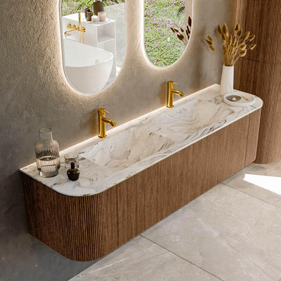 MONDIAZ KURVE-DLUX 170cm Meuble salle de bain avec module 25 G et D - couleur Walnut - 1 tiroir - 2 portes - vasque LEAF double - 2 trous de robinet - couleur Glace