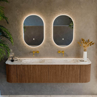 MONDIAZ KURVE-DLUX 180cm Meuble salle de bain avec module 25 G et D - couleur Walnut - 2 tiroirs - 2 portes - vasque LEAF double - sans trou de robinet - couleur Glace