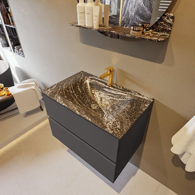 Mondiaz VICA-DLUX ensemble de meuble de salle de bain - 70cm - meuble sous-vasque gris foncé - 2 tiroirs - lavabo encastré cloud milieu - 1 trou de robinet - miroir modèle spot - version XL 60cm haut - lave