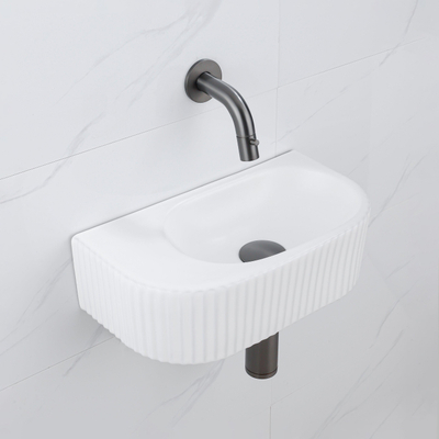 QeramiQ Fuente Ensemble de Lavabo - 40x21.5x12cm - strié - demi-rond - céramique - ensemble de robinet gunmetal - bouchon de vidange - siphon abaissé - blanc mat