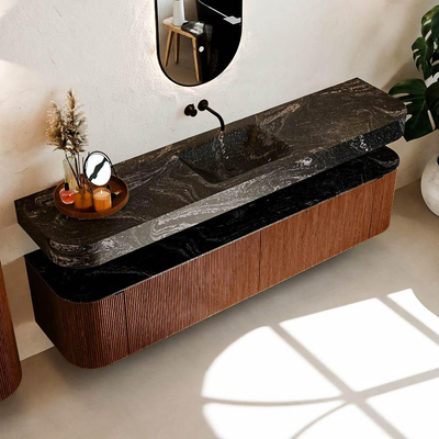 MONDIAZ THOR-DLUX 200cm meuble de salle de bains arrondi gauche + droite couleur Ruby avec 2 tiroirs et 2 portes. Vasque suspendue CLOUD Milieu sans trou de robinet couleur Lava.