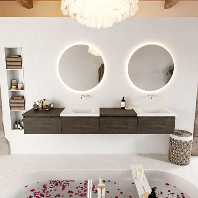 MONDIAZ BUKLA 240cm ensemble de meuble avec module 60 gauche couleur Marron Foncé avec 4 tiroirs. Lavabo CLOUD double 0 trou de robinet couleur Talc.