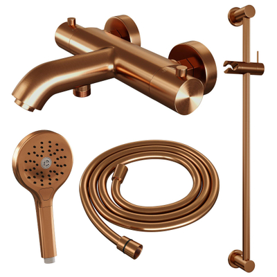 Brauer Copper Edition Badkraan Opbouw - glijstang - 2 functies - 2 gladde knoppen - handdouche rond 3 standen - PVD - geborsteld koper