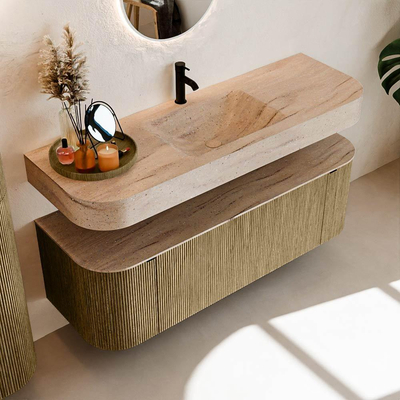 MONDIAZ THOR-DLUX 140cm meuble de salle de bains arrondi gauche + droite couleur Dusk avec 1 tiroir et 2 portes. Vasque suspendue CLOUD Milieu 1 trou de robinet couleur Saba.