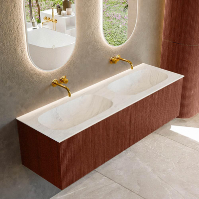 Ensemble de meuble de salle de bain Mondiaz KURVE-DLUX - 150x46x40cm - 2 tiroirs - lavabo en solid surface - double - sans trou de robinet - Ruby