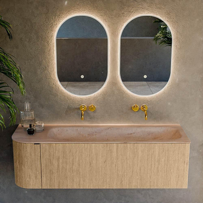 MONDIAZ KURVE-DLUX Meuble de salle de bains 145cm arrondi à gauche couleur Chêne avec 1 tiroir et 1 porte. Lavabo BIG LARGE à droite sans trou de robinet Saba.