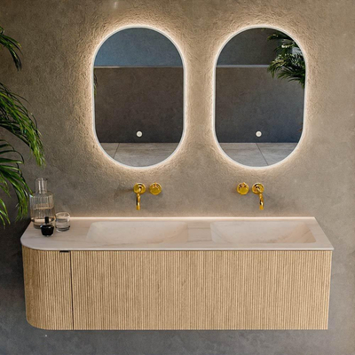 MONDIAZ KURVE-DLUX Meuble de salle de bains 145cm courbure gauche couleur Chêne avec 1 tiroir et 1 porte. Lavabo LEAF Double / Droite sans trou de robinet Meli.