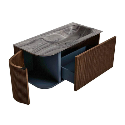 MONDIAZ KURVE-DLUX Meuble de salle de bains 95cm arrondi à gauche couleur Walnut avec 1 tiroir et 1 porte. Lavabo BIG SMALL à droite 1 trou de robinet Sombra.