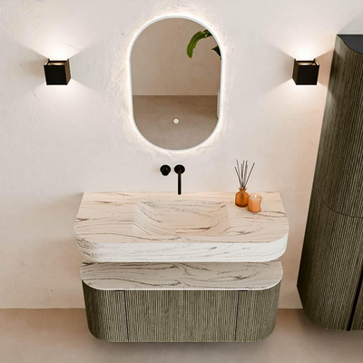 MONDIAZ THOR-DLUX Meuble de salle de bains 110cm arrondi gauche + droite couleur Shadow avec 1 tiroir et 2 portes. Vasque suspendue CLOUD Milieu sans trou de robinet couleur Nata.