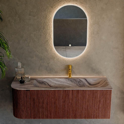 MONDIAZ KURVE-DLUX 125cm badmeubel ronding Links kleur Ruby met 1 lade en 1 deur. Wastafel BIG MEDIUM Rechts 1 kraangat Sombra.