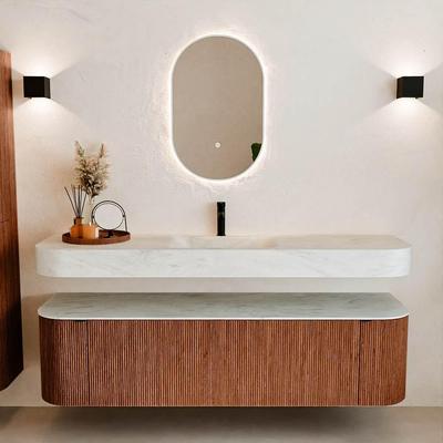 MONDIAZ THOR-DLUX 170cm meuble de salle de bains arrondi gauche + droite couleur Ruby avec 1 tiroir et 2 portes. Vasque suspendue CLOUD Milieu 1 trou de robinet couleur Opalo.