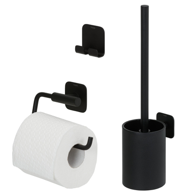 Tiger Colar Set d'accessoires de toilettes - porte-rouleau de papier toilette - sans clapet - porte-balai de toilettes - patère - autocollant - noir