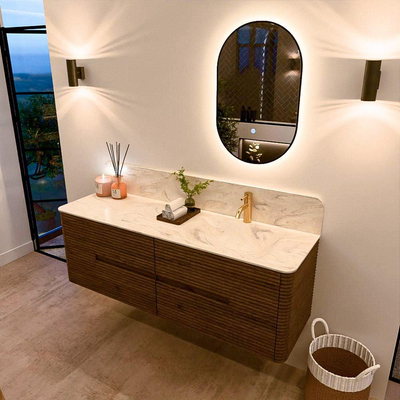 Mondiaz CIRO-DLUX Badkamermeubelset - 150x45x50cm - Solid surface wastafel Ostra - 1 wasbak Rechts - 1 kraangat - 4 lades - Dusk