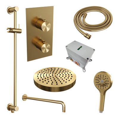 BRAUER Stripe Thermostatische Inbouw Regendouche - 3-weg - rechthoekig - SET 23 - 25cm douchekop - gebogen muurarm - 3-standen handdouche - doucheslang - geïntegreerde glijstang - goud geborsteld PVD