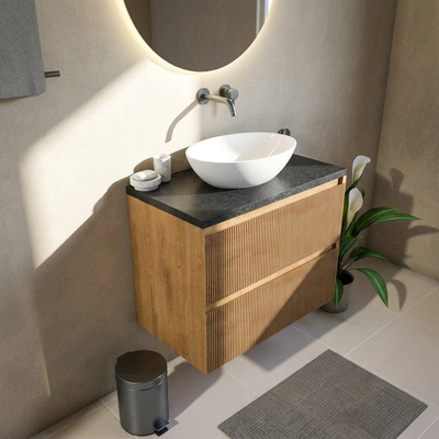 Saniclass Holz Atelier Ensemble meuble de salle de bains - 80x45x63cm - plan vasque en basalte Noche poli (noir) - sans trou de robinetterie - 2 tiroirs - chêne natural mat (bois)
