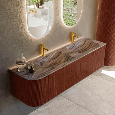 MONDIAZ KURVE-DLUX Meuble de salle de bains 155cm arrondi à gauche couleur Ruby avec 2 tiroirs et 1 porte. Lavabo LEAF Double / 2 trous de robinet à droite Sombra.