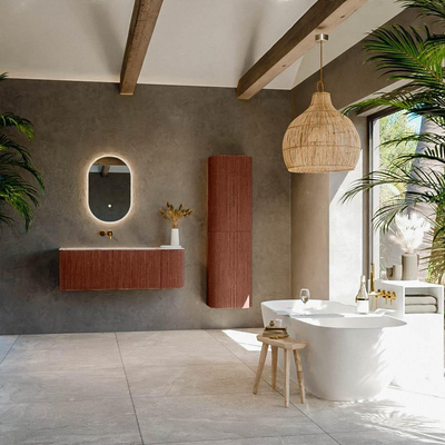 MONDIAZ KURVE-DLUX Meuble de salle de bains 125cm arrondi à droite couleur Ruby avec 1 tiroir et 1 porte. Lavabo BIG MEDIUM à gauche sans trou de robinet Nata.