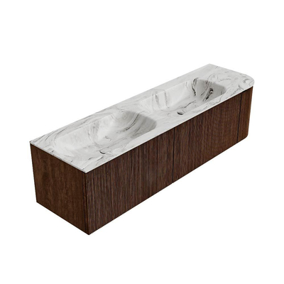 MONDIAZ KURVE-DLUX 165cm badmeubel met module 25 R kleur Walnut met 2 lades en 1 deur. Wastafel STOR SMALL dubbel / links zonder kraangat kleur Glace.