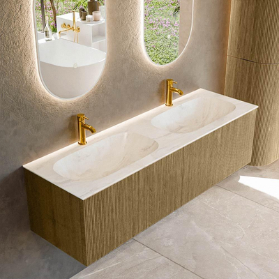 Ensemble de meuble de salle de bain Mondiaz KURVE-DLUX - 150x46x40cm - 2 tiroirs - lavabo en solid surface - double - 2 trous de robinet - Dusk