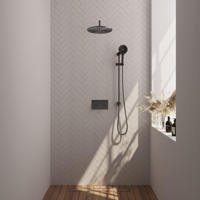 Brauer Gunmetal Carving douche thermostatique à effet pluie avec bouton poussoir 70 30cm douche de tête bras mural courbe 3 positions douche à main flexible coulissant intégré gunmetal Brushed pvd