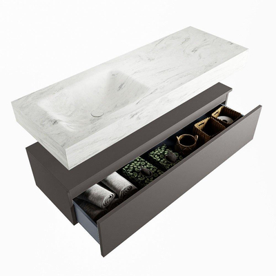 Mondiaz ALAN-DLUX Ensemble de meuble - 130cm - meuble Dark grey mat - 1 tiroir - Lavabo Cloud Opalo suspendu - vasque Gauche - 1 trou de robinet