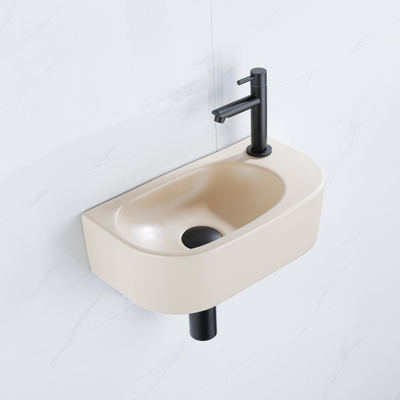 QeramiQ Fuente fonteinset – halfrond – 40x21.5x12 cm – keramiek beige – kraangat rechts – mat zwarte kraan