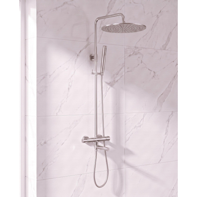 Fortifura Calvi Regendoucheset - thermostatisch - 30cm hoofddouche - gladde slang - staaf handdouche - draaibare baduitloop - PVD - geborsteld RVS