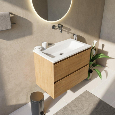 Saniclass Holz Pure Ensemble meuble de salle de bains - 80x45x77.5cm - lavabo Torino en solid surface blanc - sans trou de robinetterie - 2 tiroirs - chêne natural mat (bois)