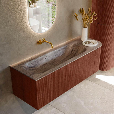 MONDIAZ KURVE-DLUX Meuble de salle de bains 135cm arrondi Droite couleur Ruby avec 1 tiroir et 1 porte. Lavabo BIG MEDIUM Gauche sans trou de robinet Oza.