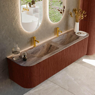 MONDIAZ KURVE-DLUX Meuble de salle de bains 170cm arrondi Gauche + Droite couleur Ruby avec 1 tiroir et 2 portes. Lavabo LEAF Double 2 trous de robinet Oza.