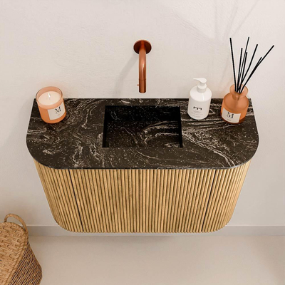 Mondiaz JOYA-DLUX 63.2cm meuble de toilette - arrondi gauche et droite couleur Chêne - Vasque FAYE position Milieu Sans trou de robinet couleur Lava.